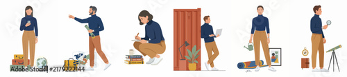 Flat vector illustrations of diverse people engaged in various activities such as travel, education, gardening, and work, isolated on a white background.
