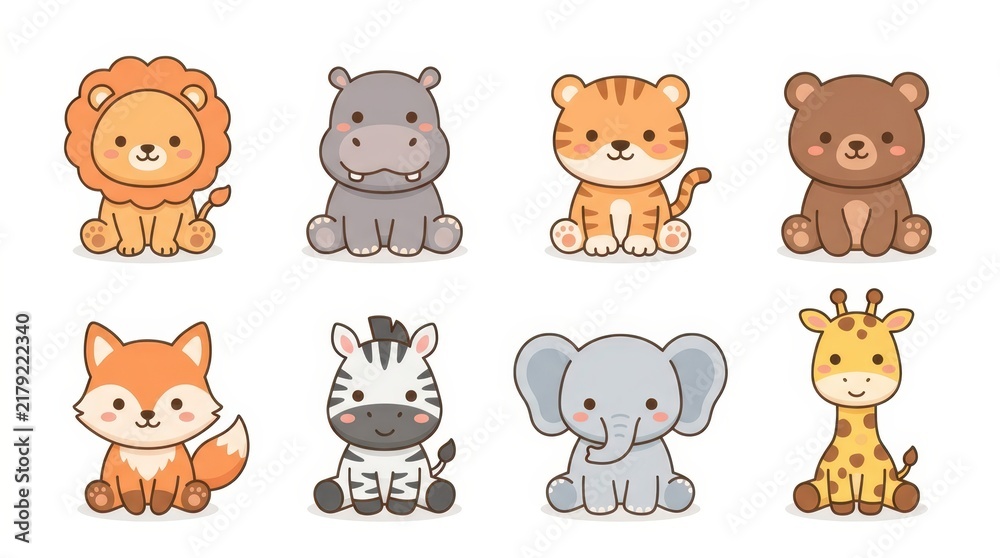 Fototapeta premium Set of Cute Kawaii Baby Animals Collection Including Lion Hippo Tiger Bear Fox Zebra Elephant and Giraffe Illustrations