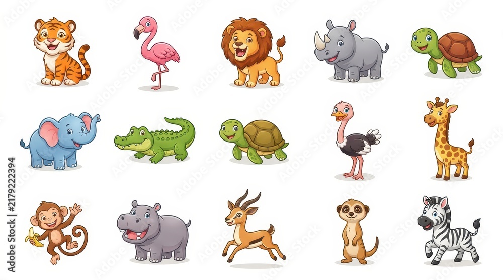 Fototapeta premium Cute Cartoon Wild Animal Collection Set with Lion Tiger Elephant Giraffe Zebra and More for Kids Education and Design