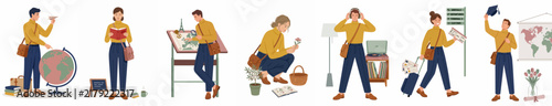 A collection of diverse lifestyle activities and hobbies illustrated in a modern flat design style featuring young people and various thematic objects.