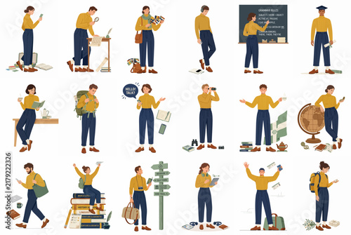 Flat Vector Illustrations of People Engaged in Travel, Education, and Exploration Activities, Including Students, Backpackers, and Teachers.