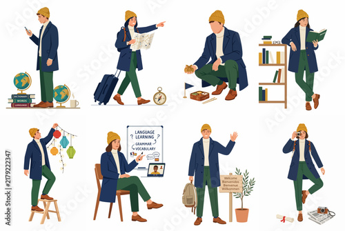 Flat vector illustration set of a young man character in various poses including traveling, working, studying, and daily life activities.