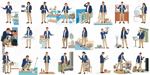 A comprehensive set of flat vector illustrations showcasing a modern businessman's diverse lifestyle, from professional work to domestic chores and leisure hobbies.