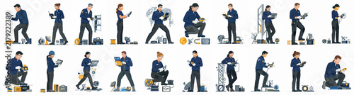 Large collection of diverse professional service workers and couriers in blue uniforms posing with various tools and packages isolated on white background