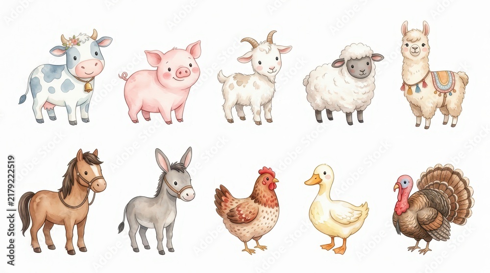 Fototapeta premium Cute Watercolor Farm Animals Collection Set with Cow Pig Horse Sheep Chicken Duck Llama Donkey Turkey and Goat