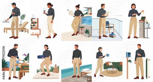 Set of diverse men and women in elegant casual outfits engaged in various lifestyle activities, from relaxation at home to outdoor leisure and wellness.