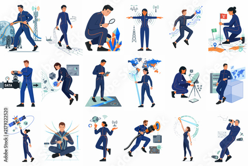 Set of flat vector illustrations depicting people in blue jumpsuits engaged in futuristic science, technology, and space exploration activities.