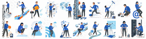 Professional network technicians and IT specialists performing various telecommunications, networking, and technology maintenance tasks in a modern flat vector illustration set.