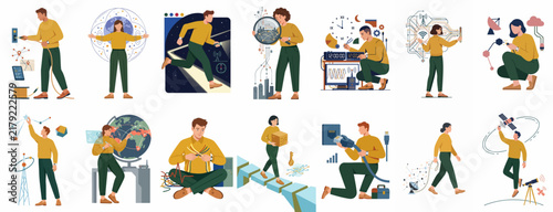 Collection of diverse STEM illustrations featuring people working in technology, engineering, global communications, and scientific research in a flat vector style.