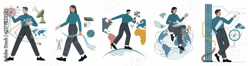 Collection of flat vector illustrations representing global connectivity, cloud computing, digital networking, international business, and advanced technology infrastructure concepts.