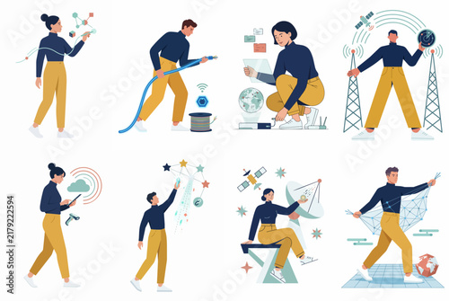 Set of vector illustrations showing people using telecommunications technology like 5G, fiber optics, satellite dishes, and cloud computing for global data connectivity.