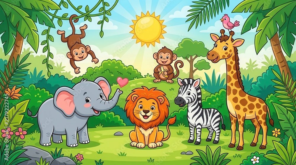 Naklejka premium Colorful Jungle Safari Animals Cartoon Illustration for Kids with Lion Elephant Giraffe and Zebra