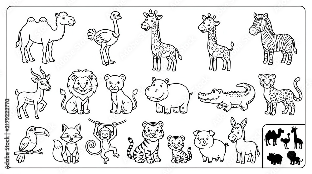 Fototapeta premium Collection of Cute Cartoon Wild and African Animals for Kids Coloring Page Vector Illustration Set
