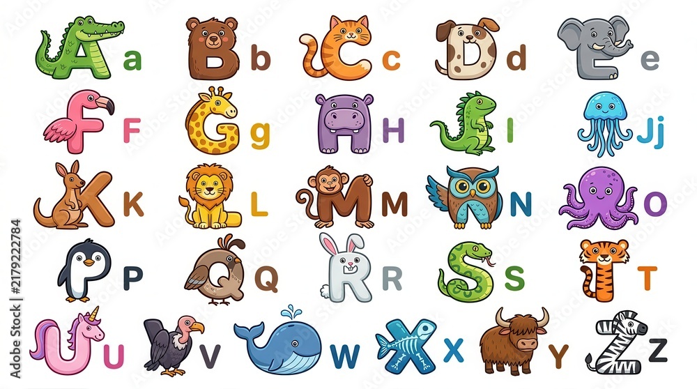 Fototapeta premium Educational Animal Alphabet Poster for Children, Set of Vector Letters from A to Z with Colorful Cartoon Animals