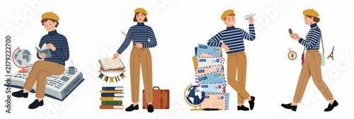Set of illustrations depicting a young woman's journey through travel, education, and literature, featuring globes, books, and letters on a white background.
