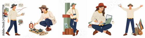 Flat Illustration Set of a Character Engaging in Various Travel and Cultural Activities such as Photography, Writing, Tea Ceremony, and Global Exploration