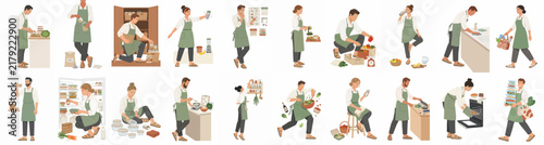 Set of diverse people in aprons engaged in various kitchen activities like cooking, organizing, and cleaning, isolated on a white background.