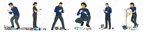 Illustration of diverse technical workers in uniforms performing inspections, maintenance, and documentation tasks against a white background.