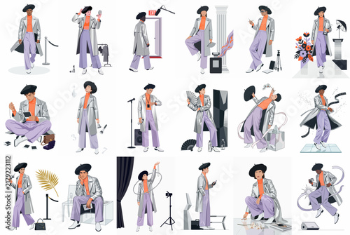 Collection of fashion illustrations featuring a stylish character in a trench coat and beret, showcasing various poses and artistic lifestyle scenes.