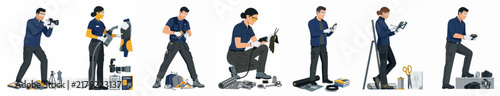 Collage of skilled male and female technicians in blue uniforms using various tools for maintenance and repair services on a white background.