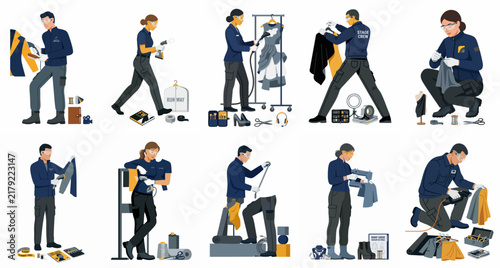 Set of flat vector illustrations depicting laundry and dry cleaning service employees performing various garment care tasks like steaming, folding, and inspecting clothes.