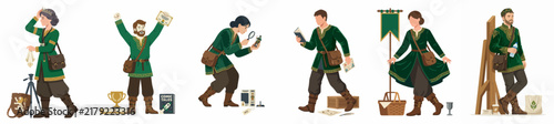 Fantasy Characters in Green Tunics Engaging in Modern Activities Like Photography, Gaming, Research, and Art, Isolated on White Background