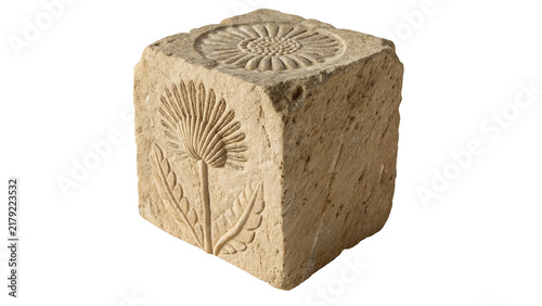 Принти на полотні Ancient stone block artifact with detailed floral carving pattern isolated histo