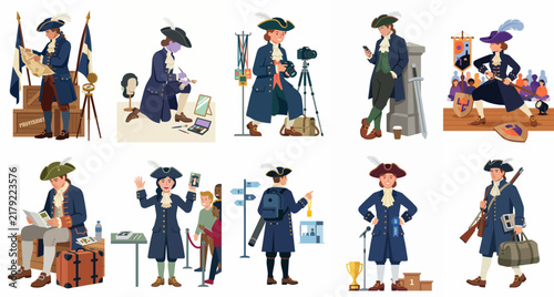 Vector illustration set of an 18th-century gentleman in various modern-day scenarios and activities, combining historical attire with contemporary life.