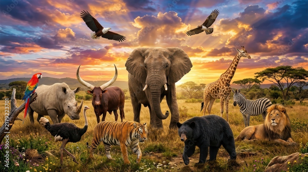 Obraz premium Diverse Wild Animals Gathering in African Savanna Landscape at Sunset with Elephant Lion Tiger and Giraffe