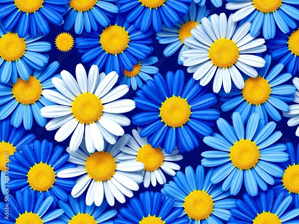 Vibrant blue, white, and yellow daisy seamless vector pattern, white, textured