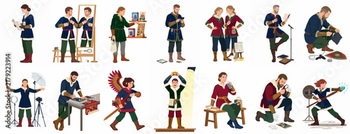 Set of diverse medieval and fantasy character illustrations performing various modern and traditional tasks, isolated on a white background.