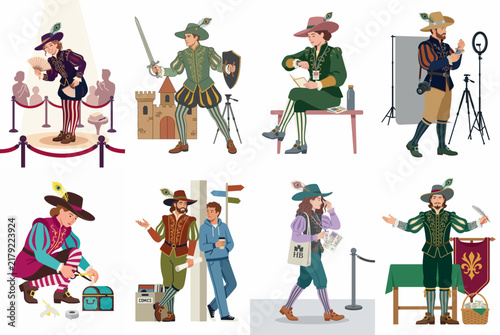 A collection of colorful illustrations depicting people in Renaissance-era costumes engaged in various modern-day activities, hobbies, and professions on a white background.