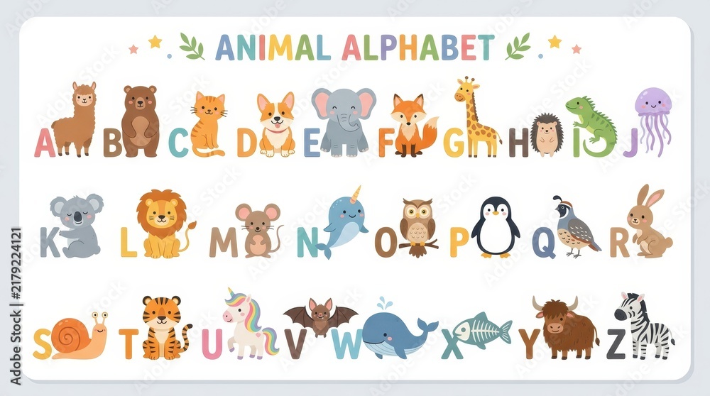 Obraz premium Cute Animal Alphabet Poster for Kids Education with Colorful Cartoon Animals from A to Z Vector Illustration