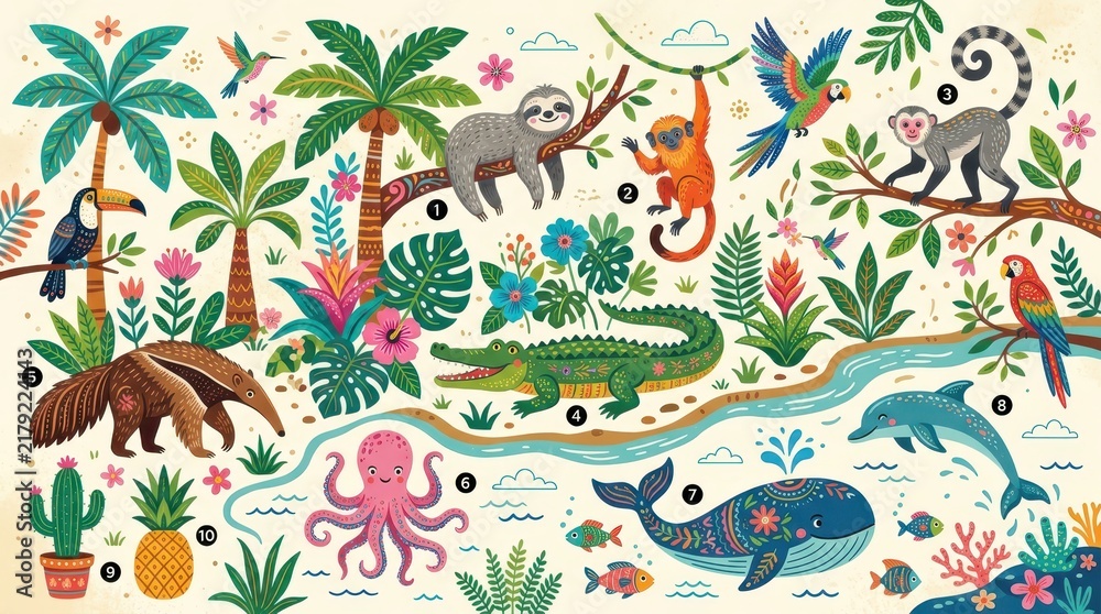 Fototapeta premium Colorful Tropical Jungle and Ocean Animals Illustration for Kids Education - Whimsical Folk Art Style Wildlife Map