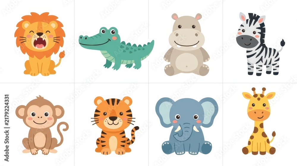 Obraz premium Set of Cute Cartoon Safari Animals Including Lion, Tiger, Elephant, Giraffe, Zebra, Monkey, Hippo, and Crocodile