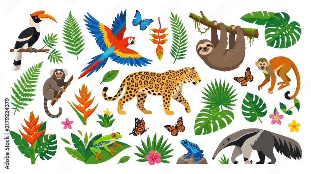 Obraz premium Tropical Rainforest Animals and Plants Vector Illustration Set with Jaguar, Sloth, Macaw, and Exotic Flowers