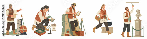 Set of flat vector illustrations of archaeologists and historians working on ancient artifacts and sites.