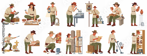 Collection of Archaeologist Characters in Various Work Activities, Vector Illustration Set of People Digging, Examining, and Documenting Ancient Artifacts on White Background
