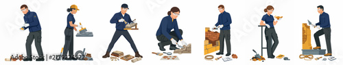 Set of seven archaeologists and paleontologists in uniform performing excavations and cleaning artifacts, isolated on a white background.