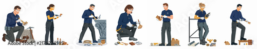 Vector set of professional stonemasons and restorers working with traditional tools on stone sculptures and blocks, isolated on a white background.