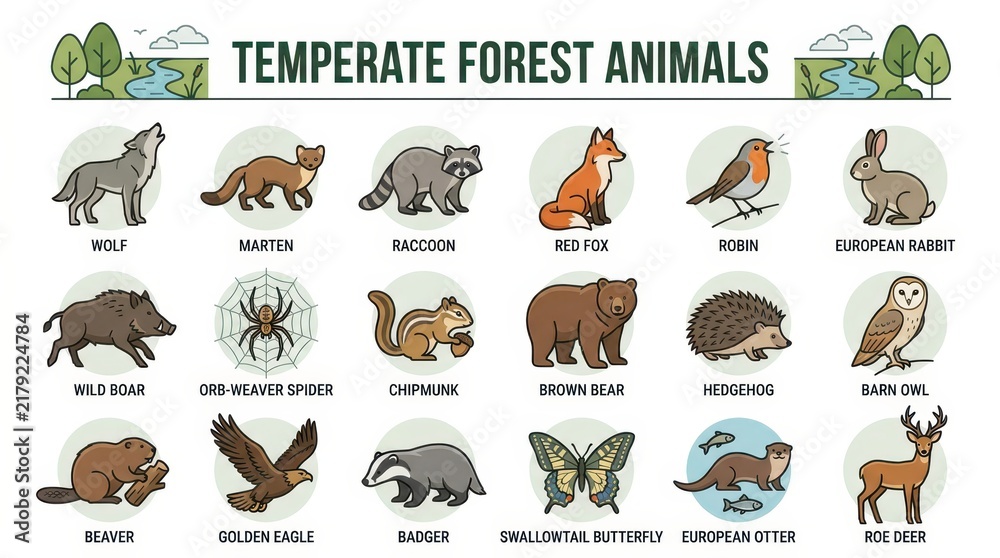Fototapeta premium Educational Infographic of Temperate Forest Animals Vector Icons Set Featuring Wolf, Fox, Bear, and More