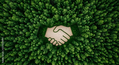 Handshake symbol shaped inside a dense green forest aerial view representing sustainable business partnership and eco friendly corporate environmental responsibility