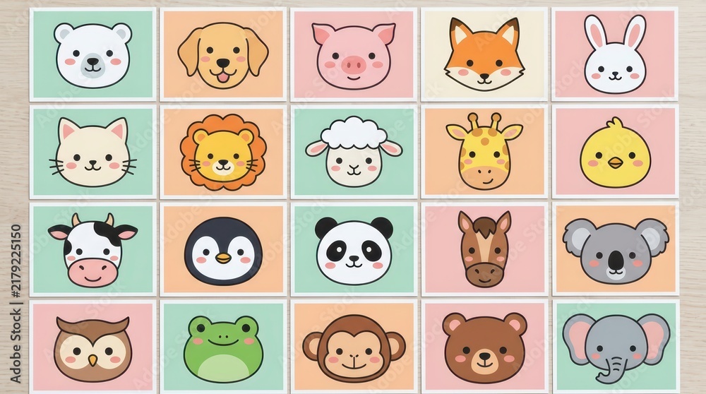Fototapeta premium Cute Kawaii Animal Face Icons Set for Kids Education and Nursery Decor - 20 Minimalist Cartoon Animal Avatars