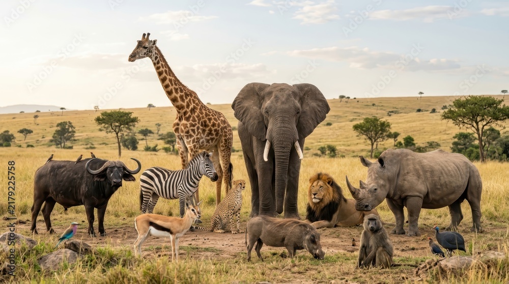 Fototapeta premium Group of Wild African Animals in the Savanna Grassland with Elephant Giraffe Lion Rhino and Zebra