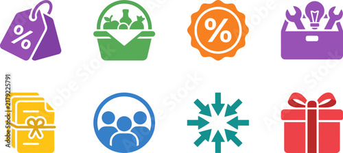 A high quality colorful vector illustration icon set bundle featuring diverse business and shopping symbols for modern digital design projects