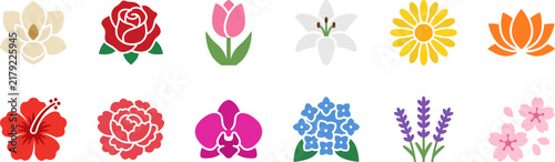 A colorful collection featuring a professional flower vector illustration icon set designed for creative graphic design projects and web decoration