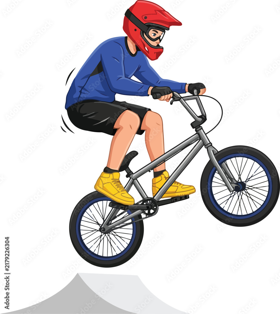 Fototapeta premium A stylized illustration of a young cyclist performing a jump on a BMX bike.
