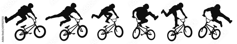 Obraz premium BMX rider silhouettes set performing jumping tricks on bicycle vector illustration