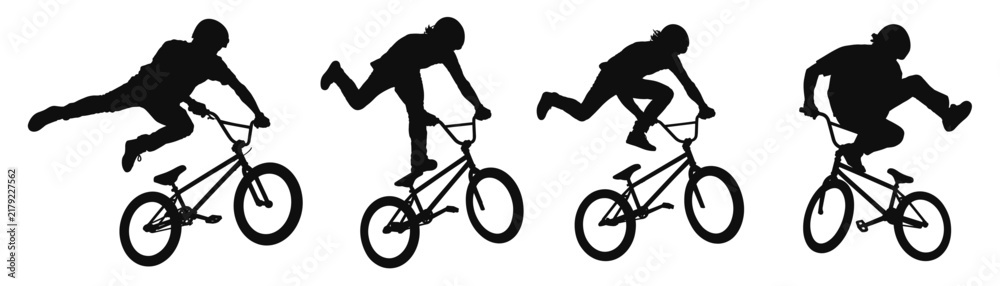 Obraz premium BMX rider silhouettes set performing jumping tricks on bicycle vector illustration
