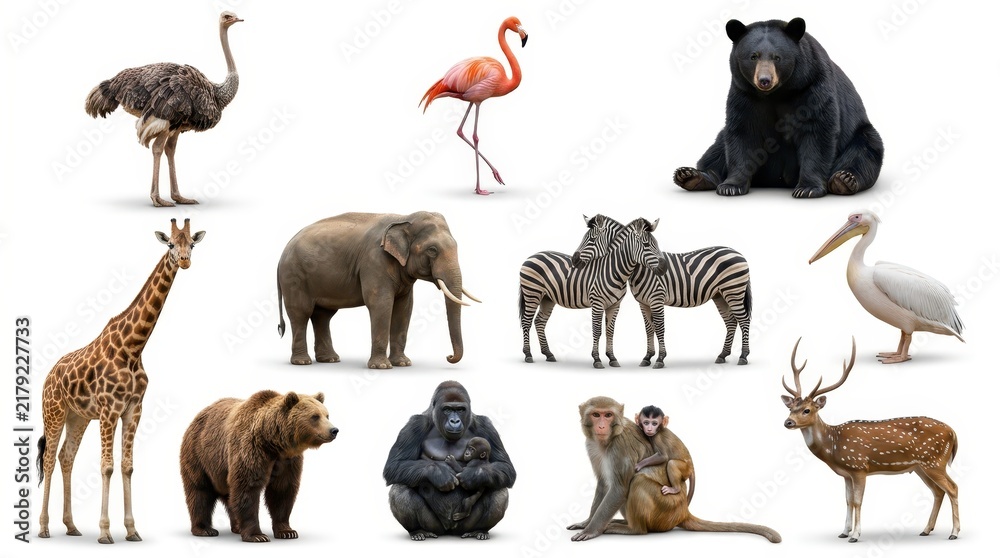 Obraz premium Diverse Collection of Wild Animals Including Elephant, Giraffe, Zebra, Bears, and Birds Isolated on White Background